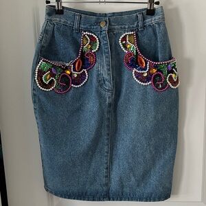 EREZ Handbeaded Details Hong Kong Denim Pencil Skirt VTG SZ 8